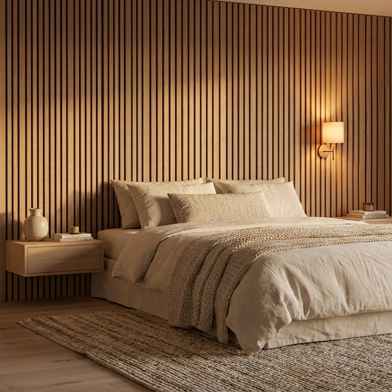 Slaapkamer met akoestische wandpanelen in naturel eiken fineer