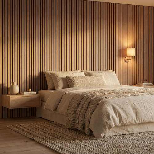 Slaapkamer met akoestische wandpanelen in naturel eiken fineer