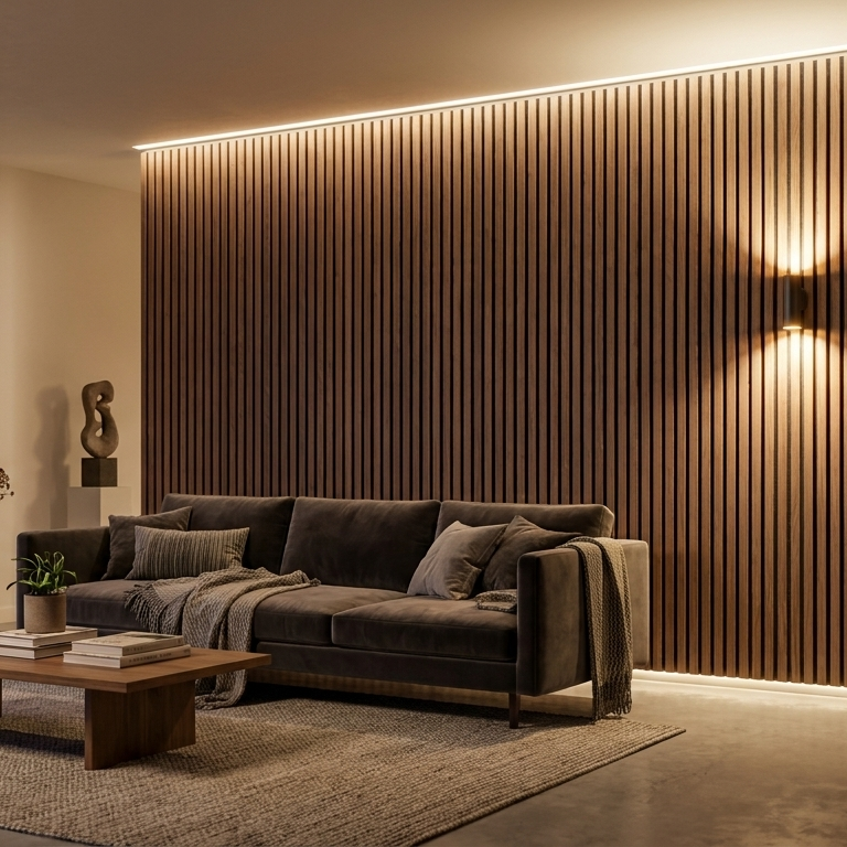 Living room with acoustic wall panels in walnut veneer